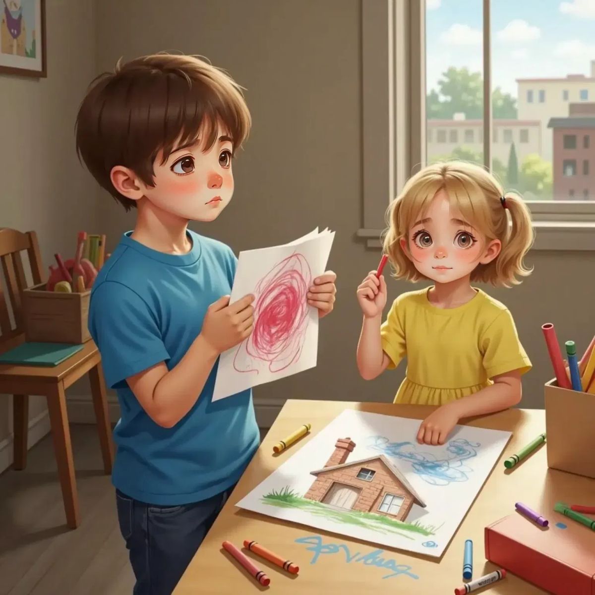 Sam looking disappointed holding a colored-over drawing, with a sad Mia standing nearby holding a crayon. A small table with scattered papers and crayons in the background.