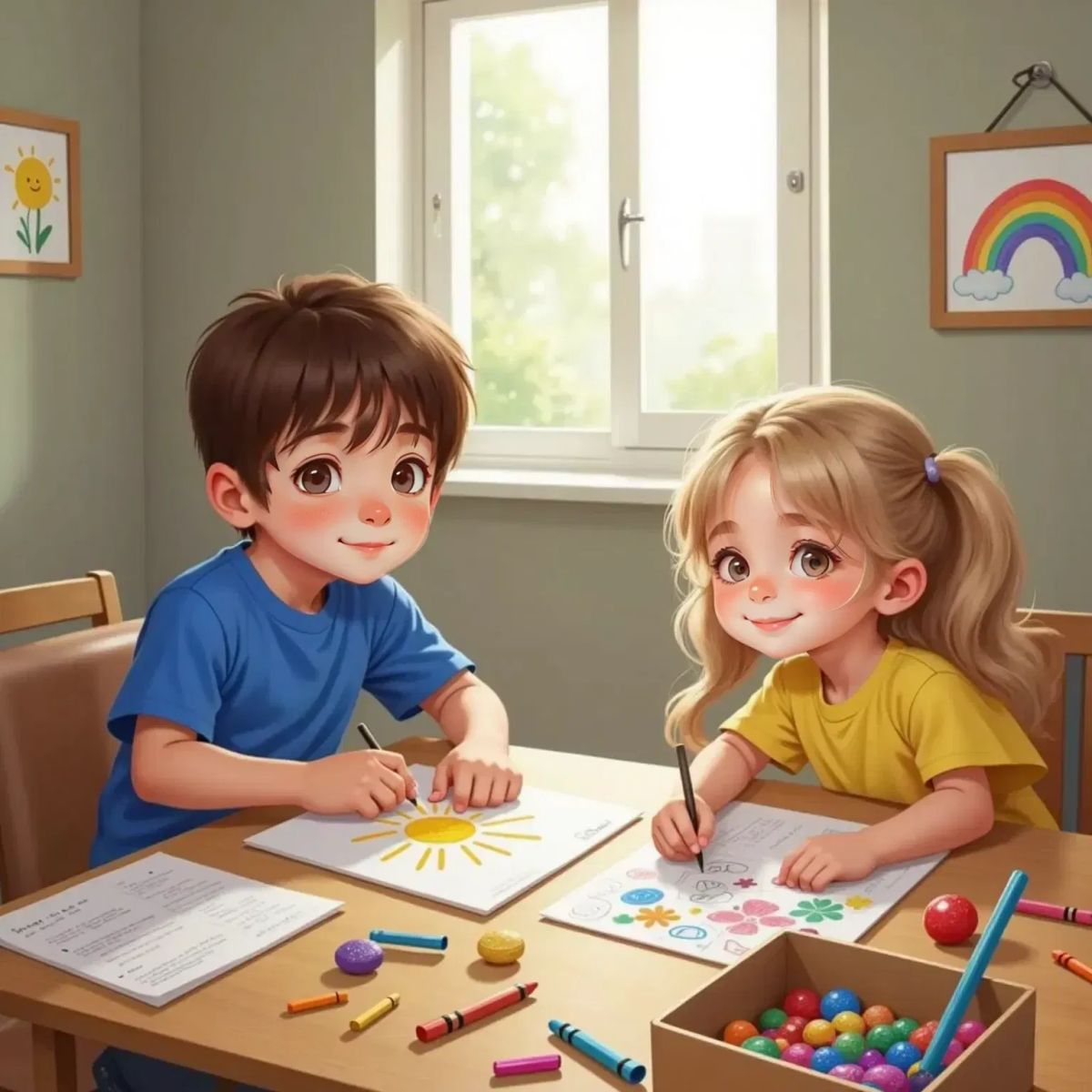 Sam and Mia sitting at a table, smiling, surrounded by crayons, paper, and an open craft box with glitter. Mia has bouncing pigtails and is drawing flowers, Sam is drawing a sun on a card.