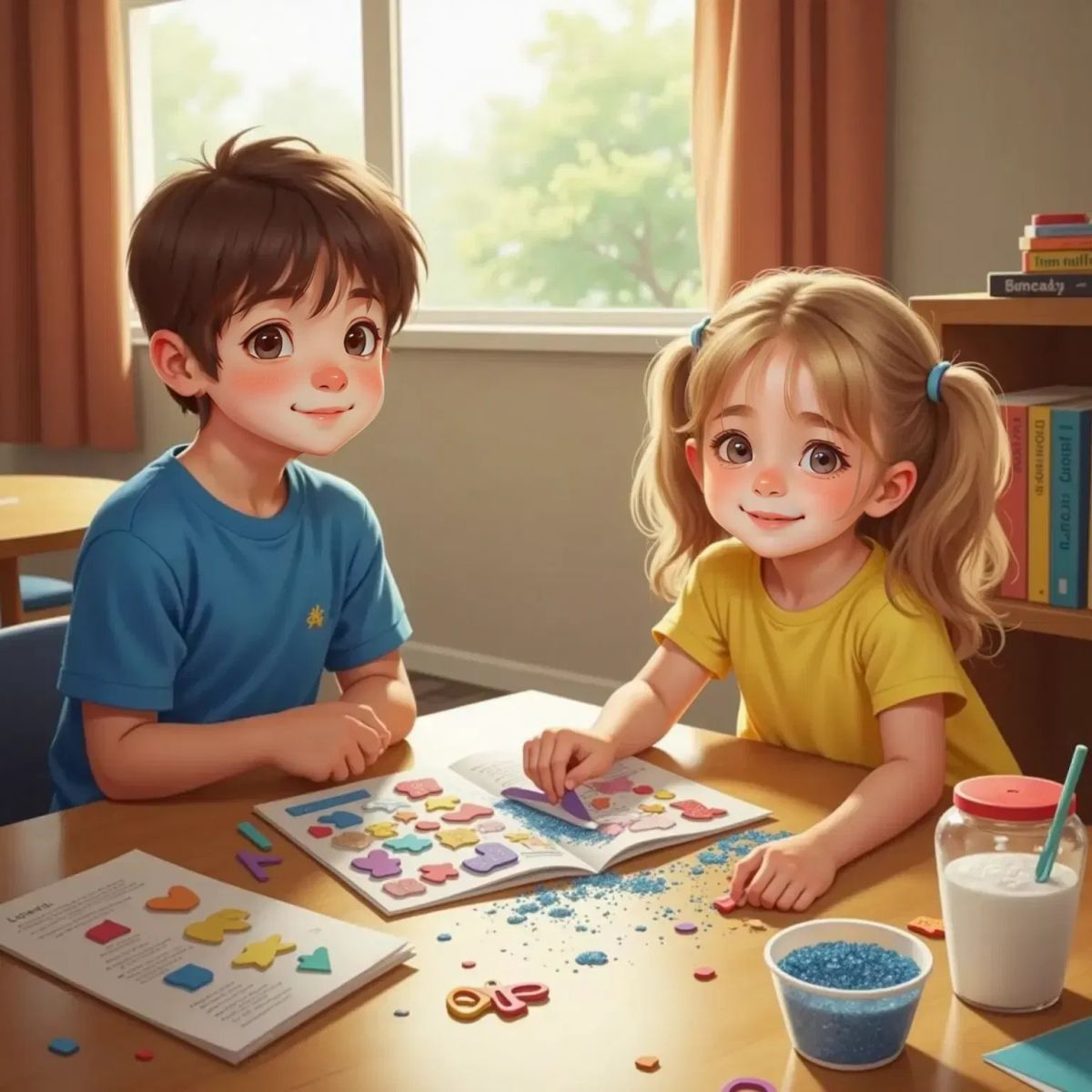 Mia giggling with glitter spilled all over the table, Sam smiling as he helps clean up. A bright, colorful card in progress is in front of them.