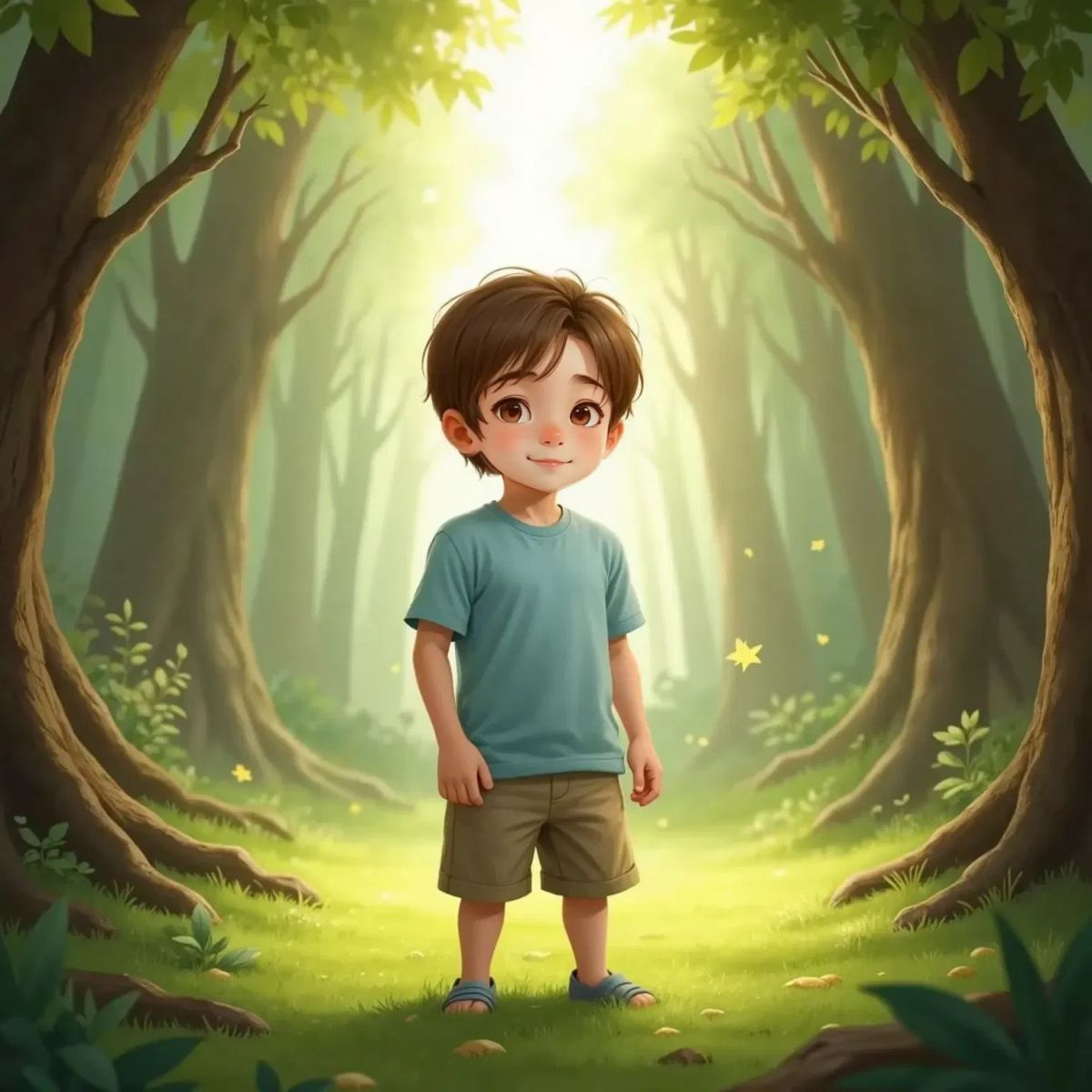 Adam, a 9yo boy with light brown hair, standing in a sun-dappled forest, wide-eyed, surrounded by sparkling leaves and soft green moss.