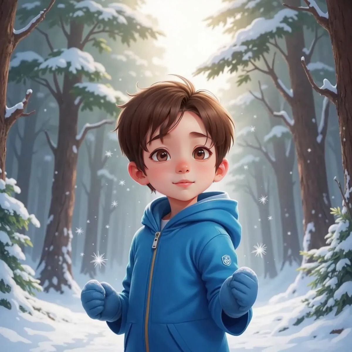 Adam, smiling with delight, catching snowflakes on his nose in a forest where trees and ground are covered in sparkling white snow.