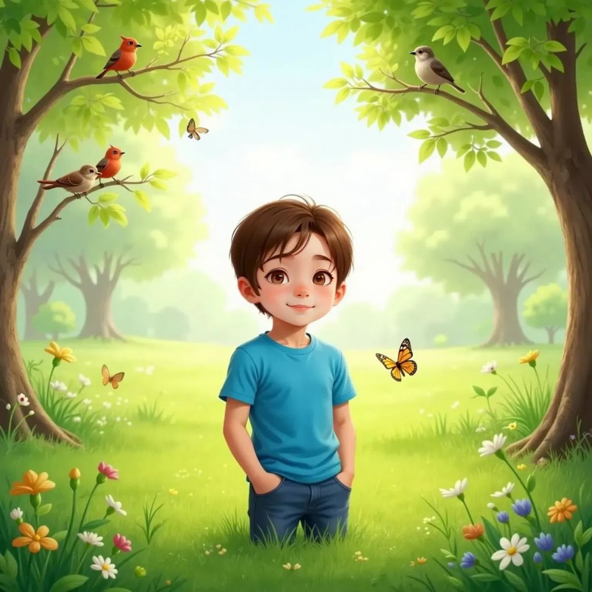 Adam, looking joyful, standing on fresh green grass with budding branches above, birds perched nearby, in a bright forest.