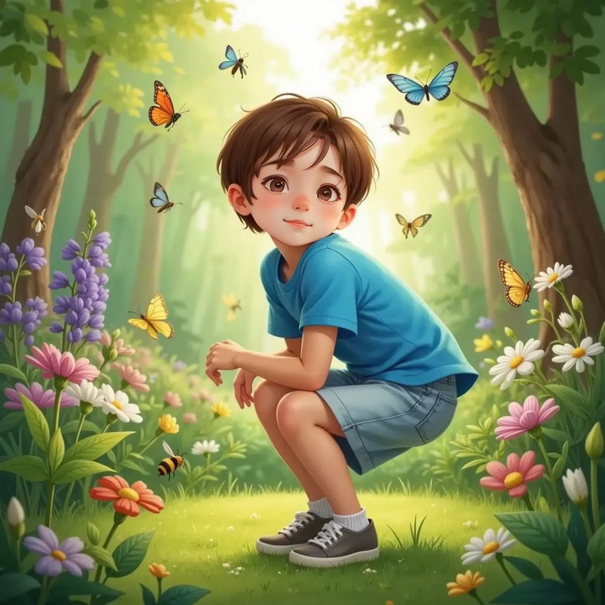 Adam, laughing, surrounded by colorful butterflies and blooming flowers in a sunlit, vibrant forest clearing.