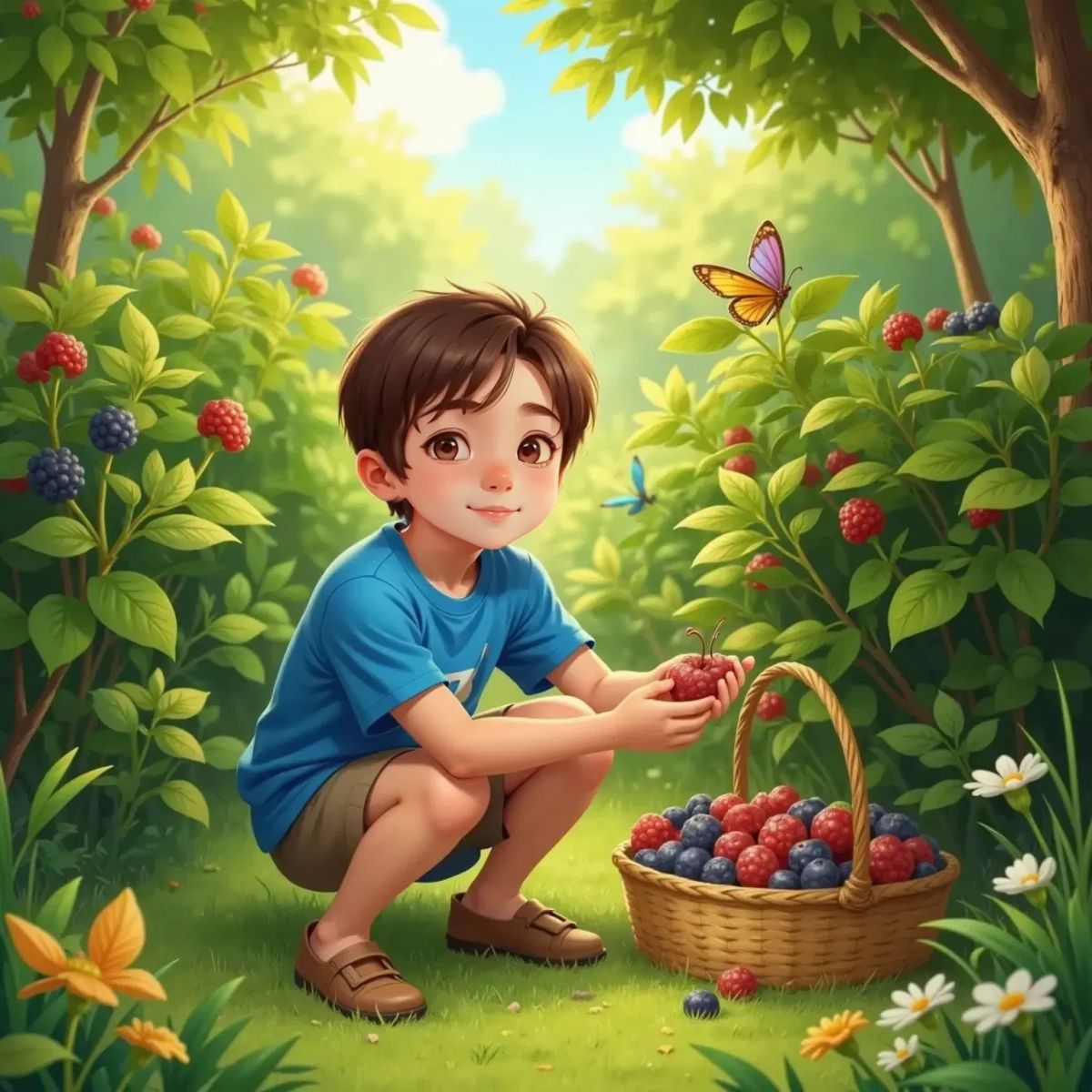 Adam, smiling with satisfaction, picking plump berries from green bushes, sunlight filtering through leafy trees.