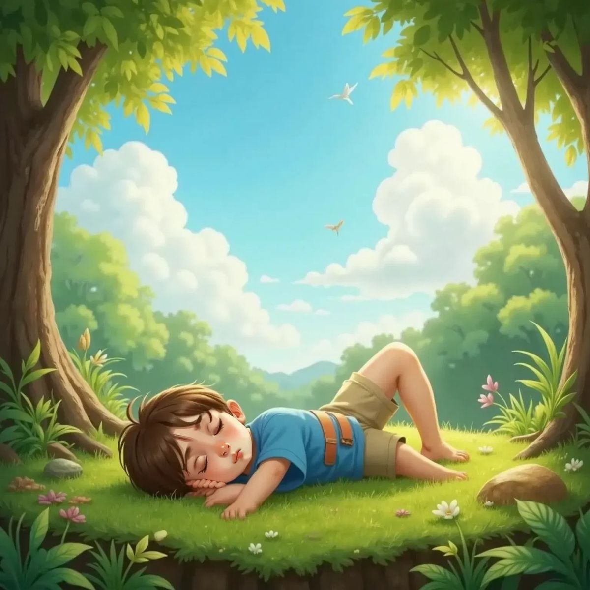 Adam, relaxed, lying on soft moss in a sun-filled forest, gazing up at drifting white clouds in a blue sky.