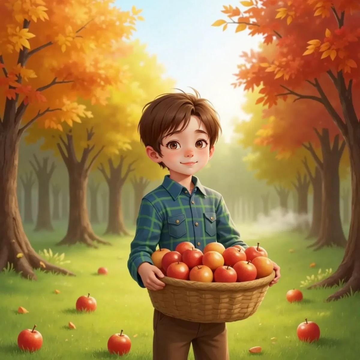 Adam, holding a basket filled with shiny red apples, standing by trees with orange leaves, admiring the autumn colors.