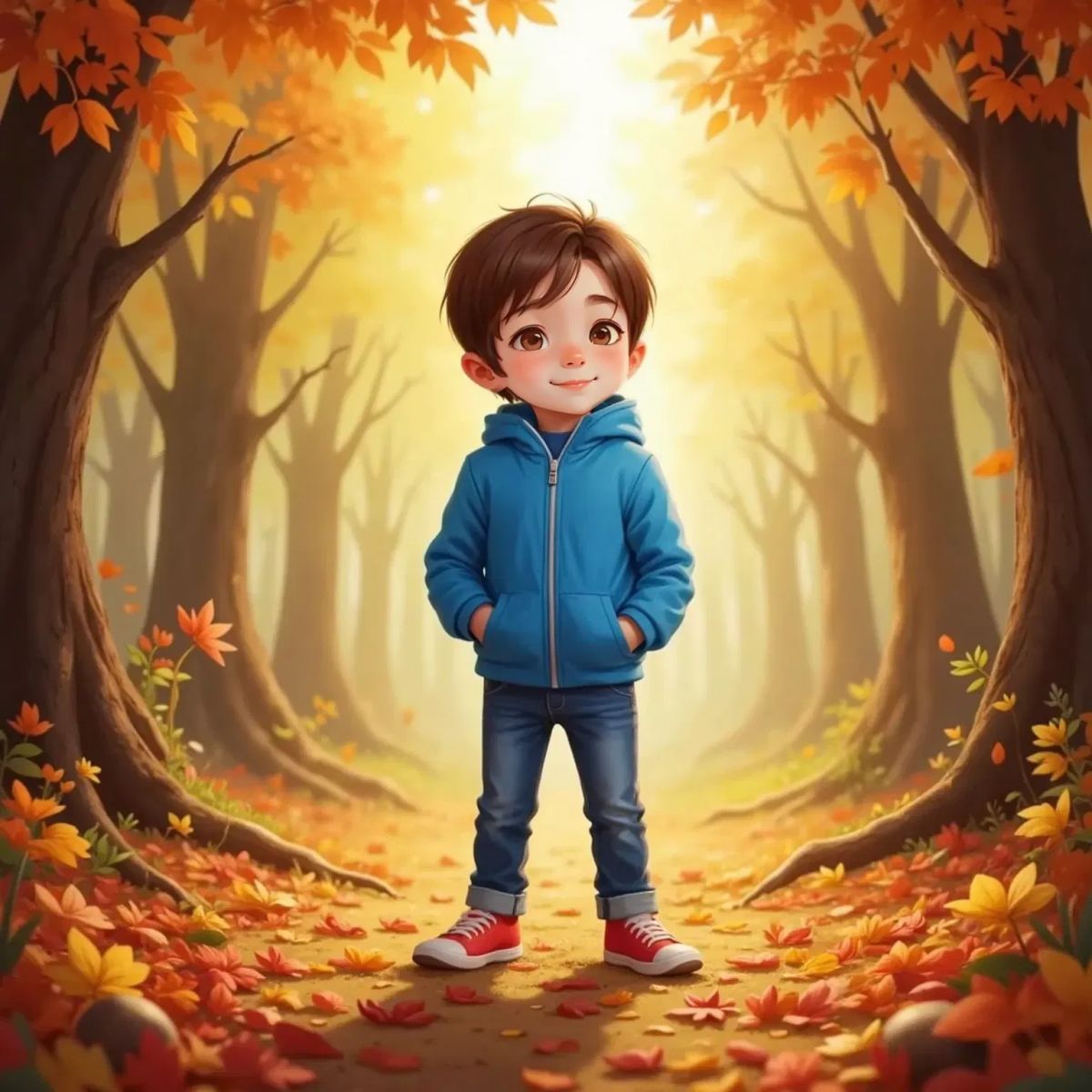 Adam, with a playful grin, standing among swirling golden leaves in a forest of orange and red autumn trees.