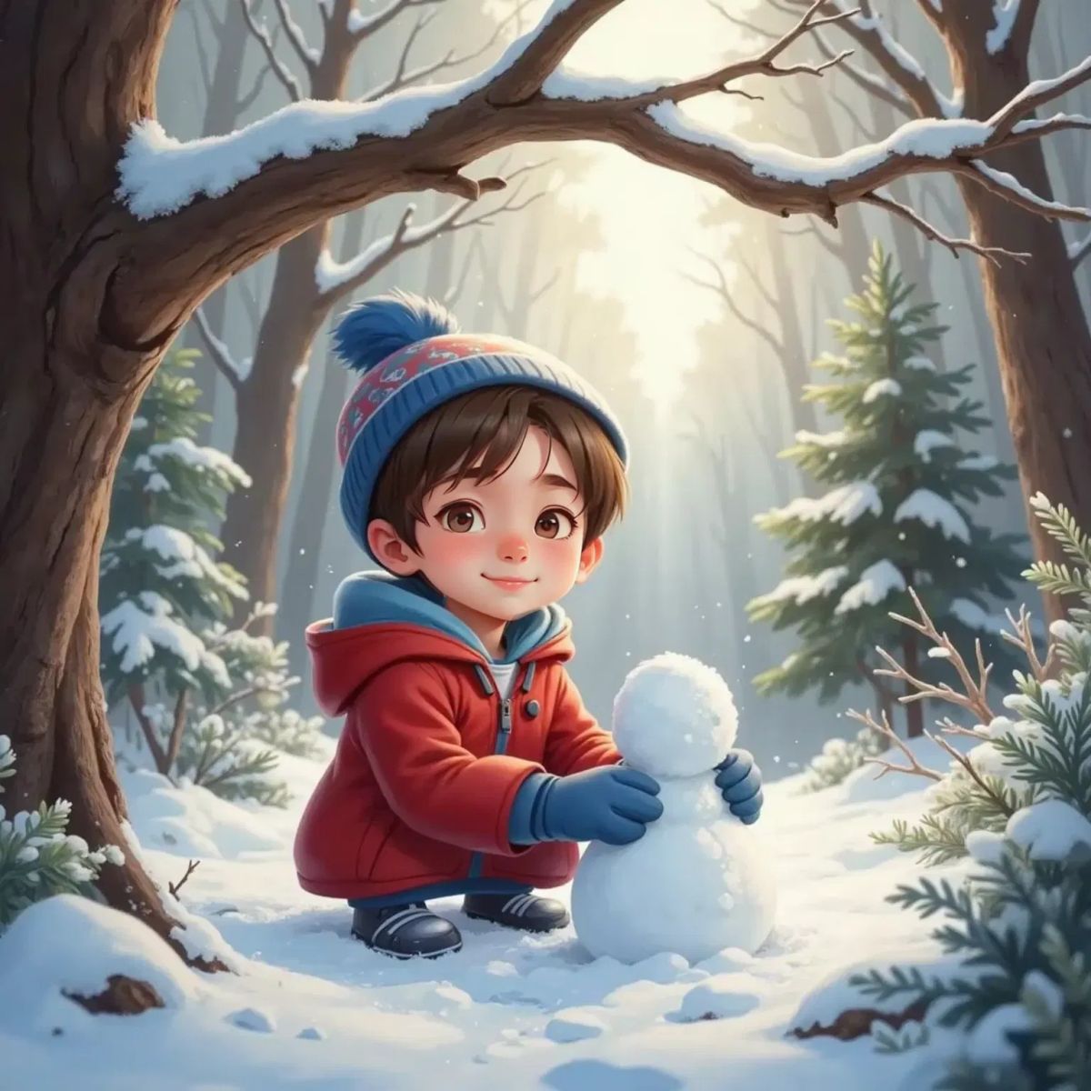 Adam, grinning, building a tiny snowman under a snow-covered branch in a wintry forest.