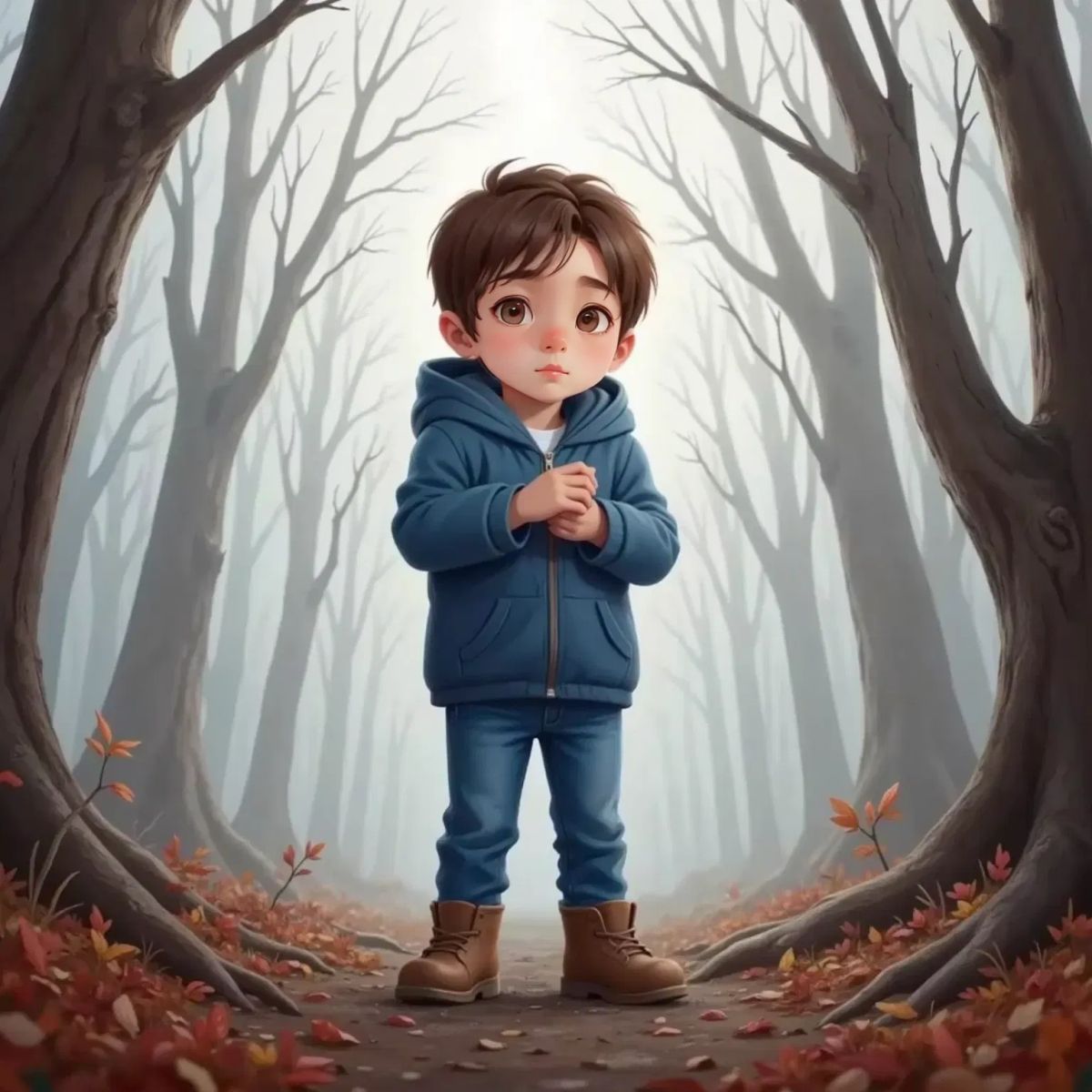 Adam, shivering with a thoughtful expression, hugging himself as a cool breeze rustles through a forest of bare branches.