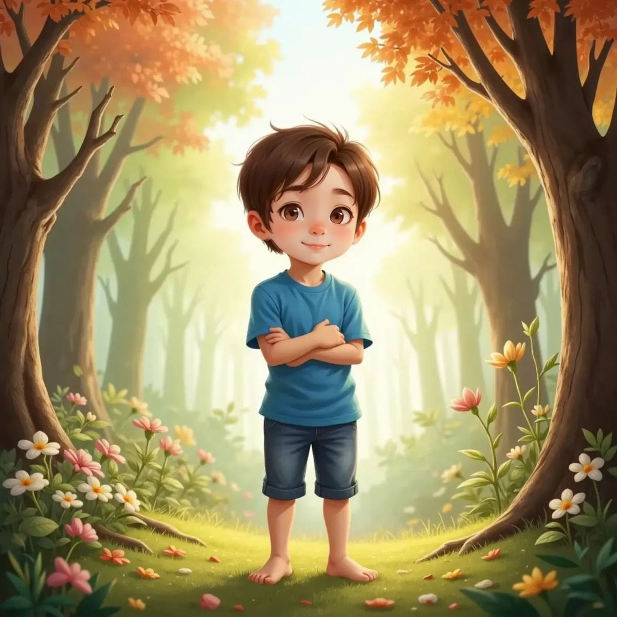 Adam, hugging himself with joy, standing in a magical forest where all four seasons subtly blend together.