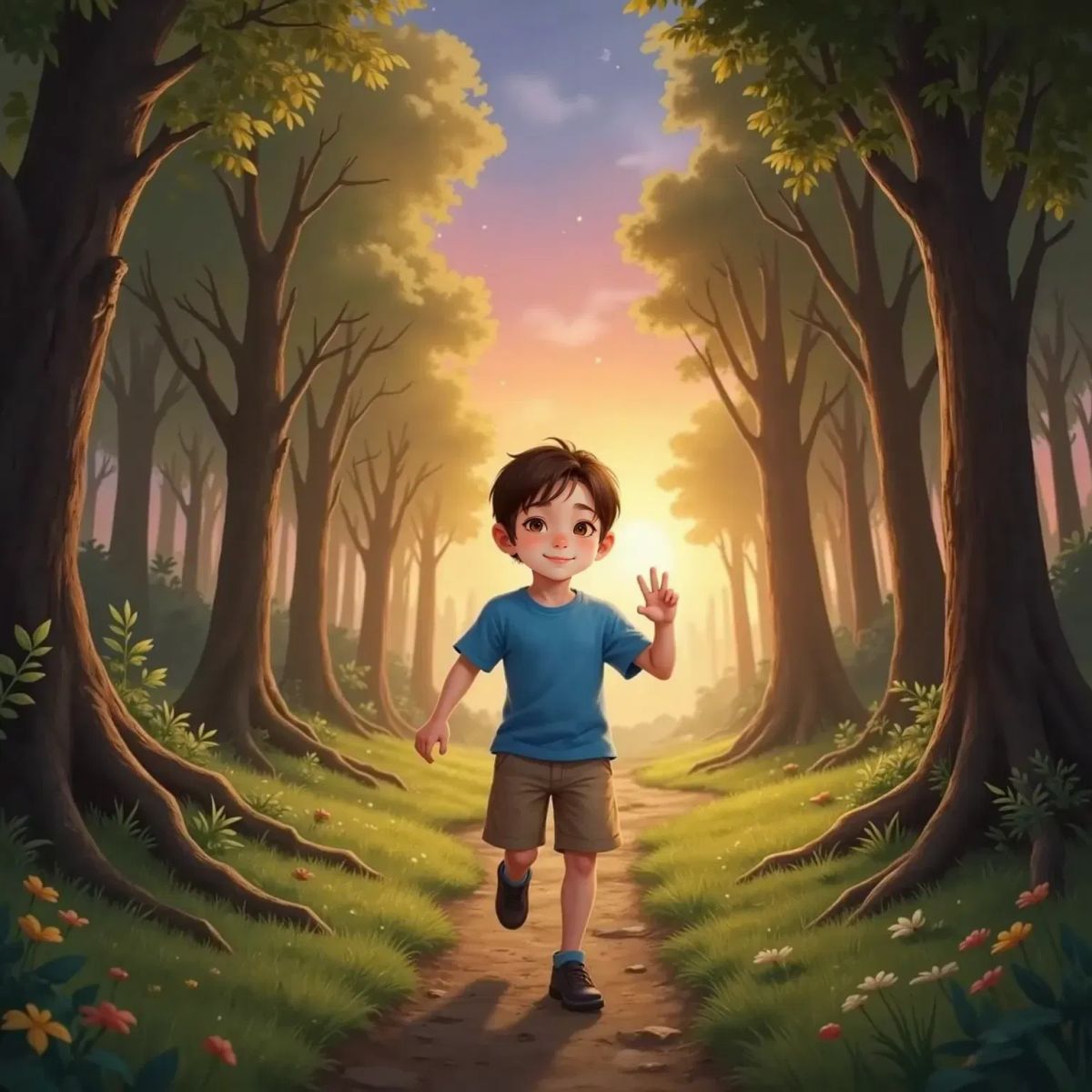 Adam, cheerful, skipping out of the forest at sunset, waving goodbye as the sky glows orange and purple.