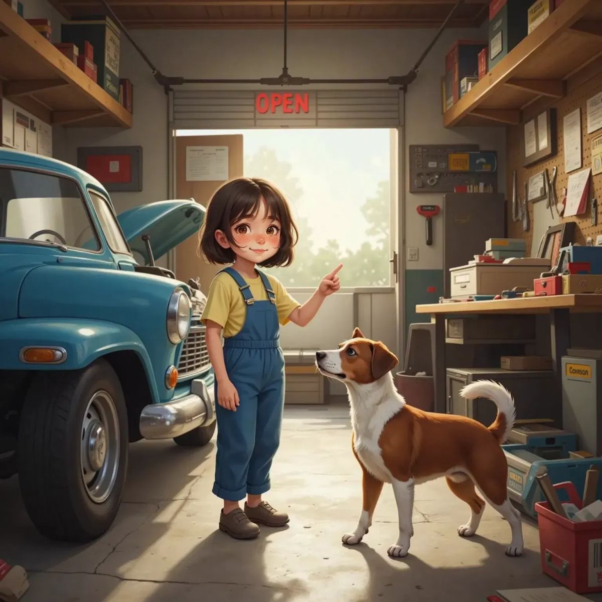 Anna, an 8-year-old girl with a ponytail, standing in a garage next to her brown and white dog Max, both looking excitedly at a car's open hood. Anna points at a round air filter while Max wags his tail.