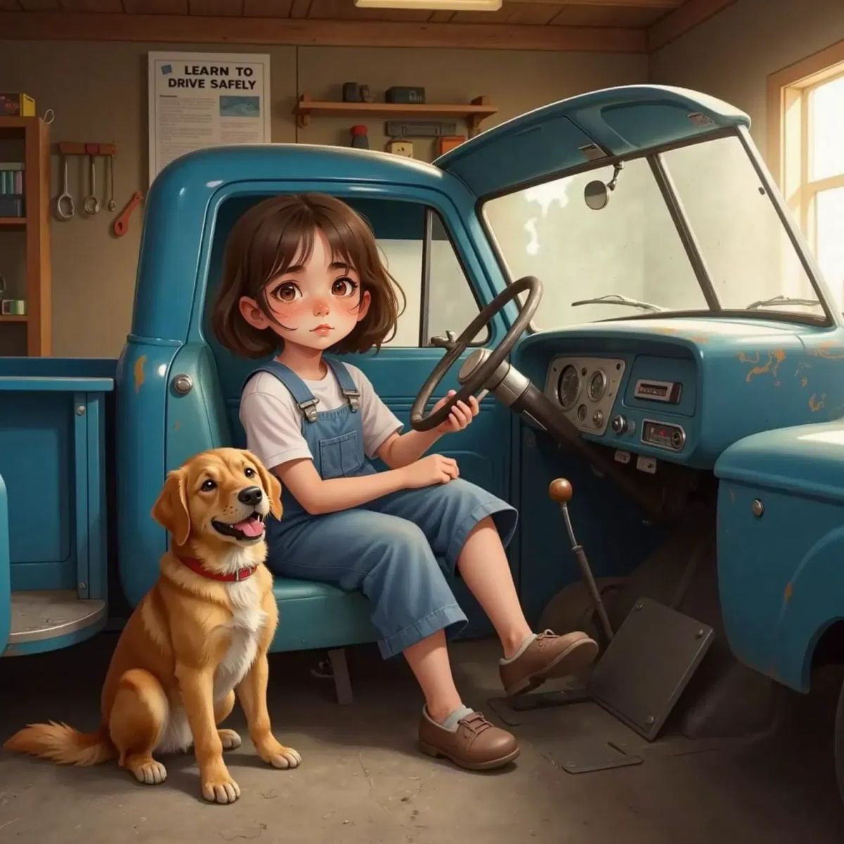 Anna sitting in the car's driver seat, demonstrating the clutch pedal with her foot. Max sits on the floor nearby, grinning up at her.