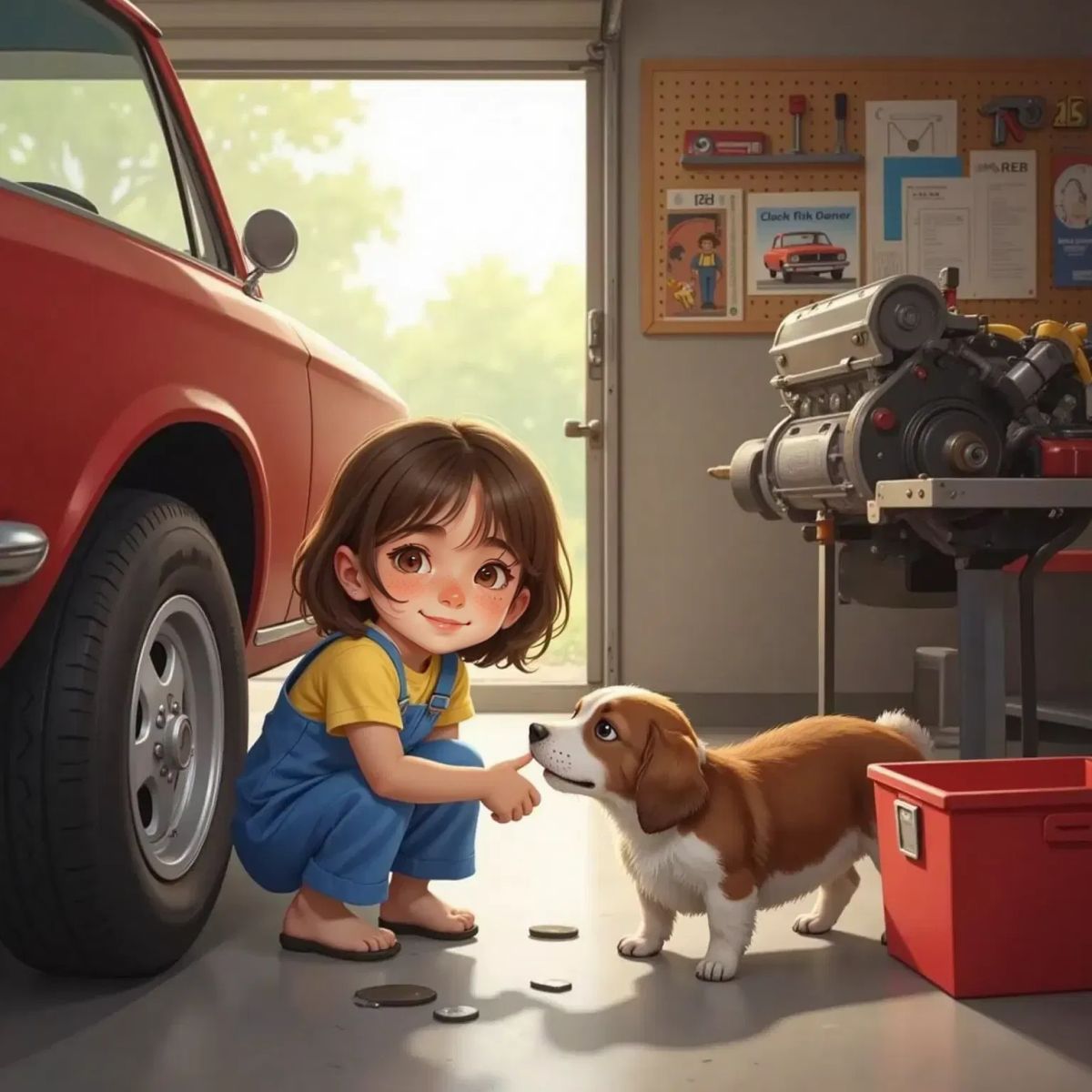 Anna crouching beside a car wheel in the garage, smiling as she points at the brake pads. Max, her brown and white dog, sniffs the wheel with his nose close to it.