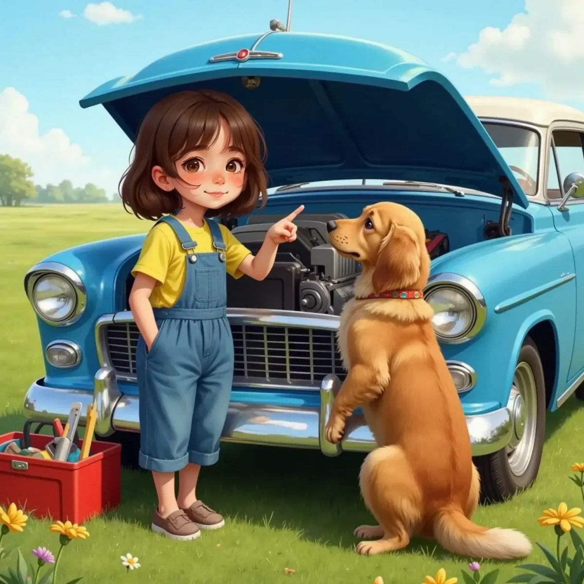 Anna with the car hood open, pointing at the engine. Max looks amazed, standing with his front paws on the bumper, staring at the engine parts.