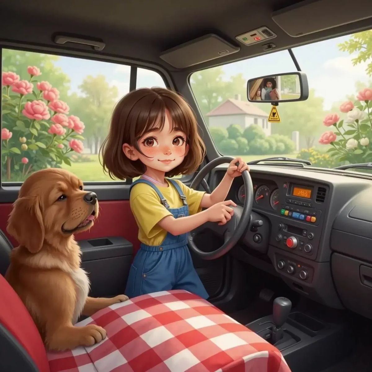 Max peeking inside the car from the passenger side. Anna stands beside the dashboard, pointing at its buttons and lights. Max's paw touches the steering wheel.
