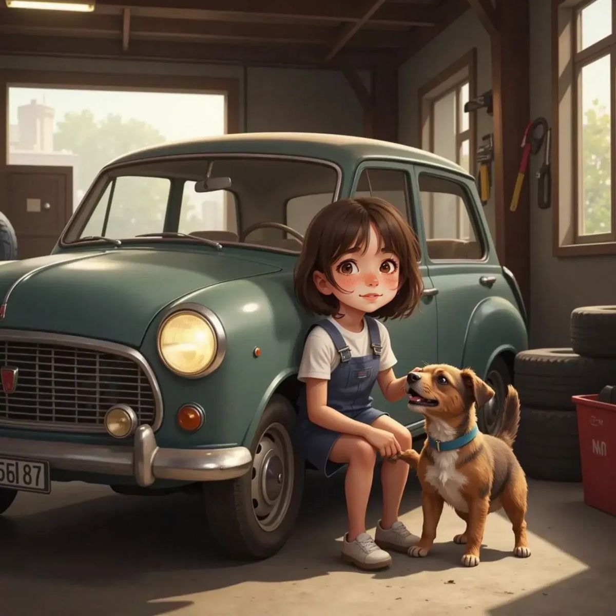 Anna spinning the gear stick in the car, smiling. Max presses his nose to the headlights, and Anna flicks the headlights on, both giggling.
