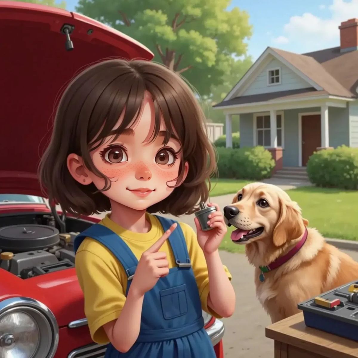 Anna pointing at a small cylindrical fuel filter under the car hood. Max sniffs the filter, looking proud. Anna laughs, a big smile on her face.