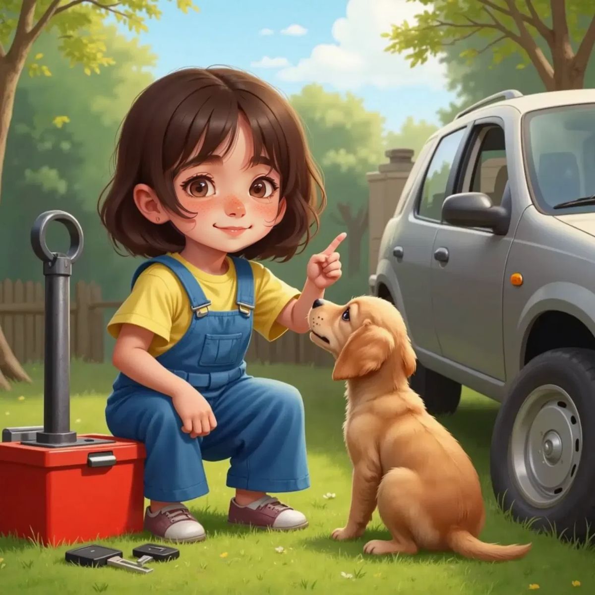 Anna holding up a sturdy metal jack next to the car, pointing at it. Max sits beside her, pawing at a set of car keys on the ground. Anna giggles.