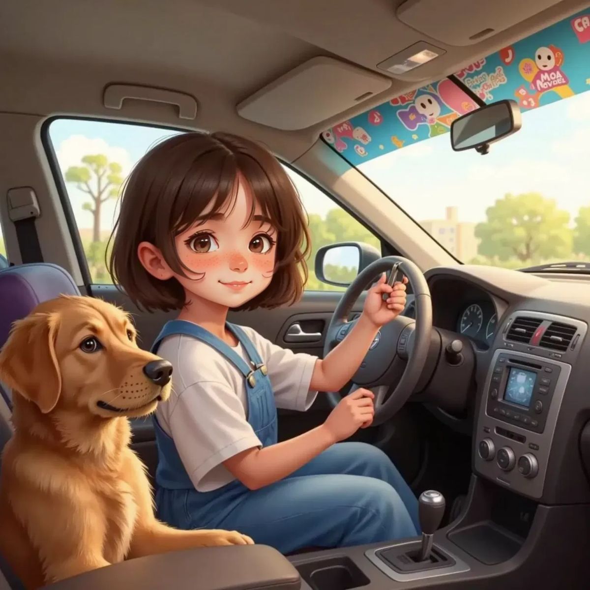 Anna holding car keys next to the ignition inside the car, smiling as she turns the key. Max sits on the passenger seat, ears perked up, watching the dashboard.