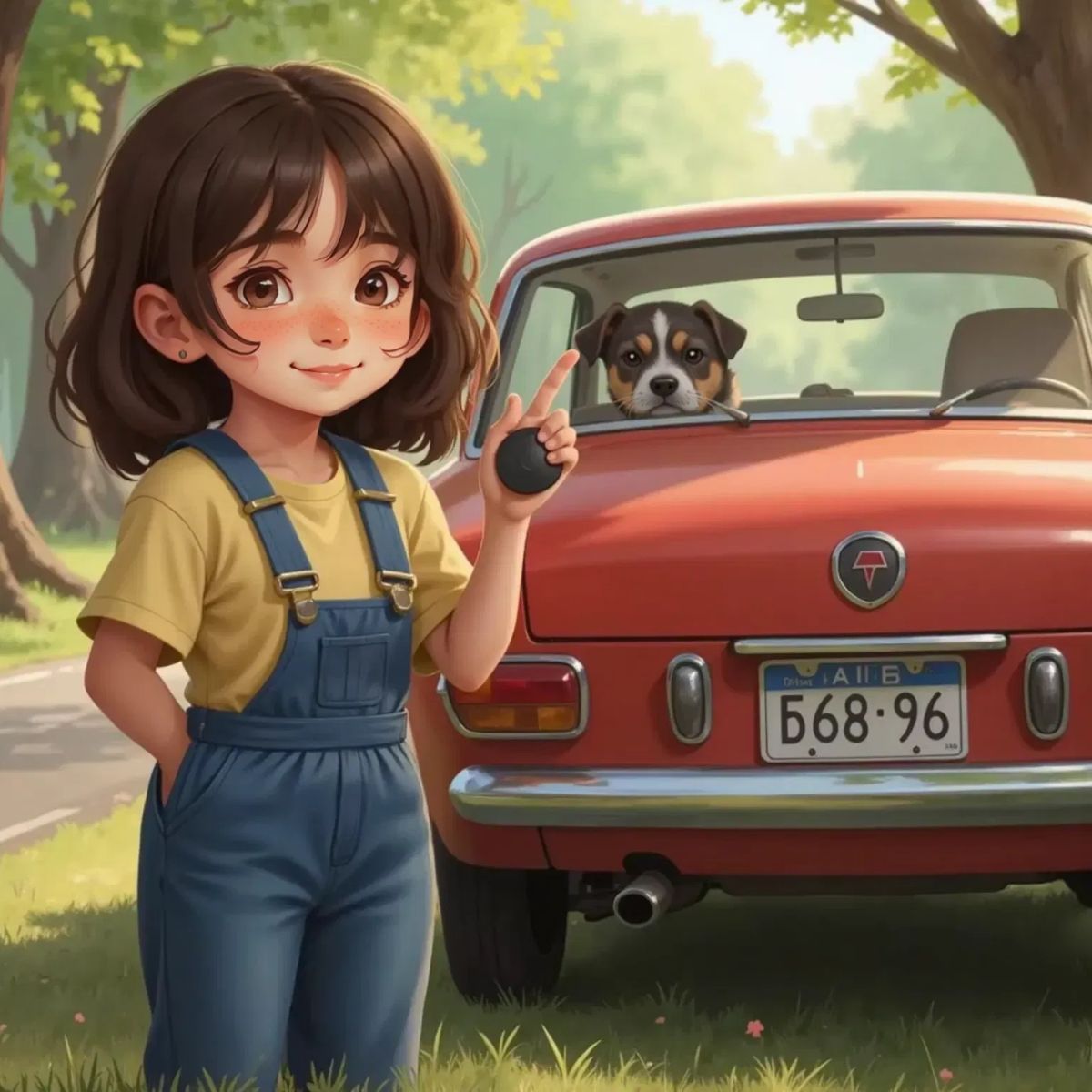 Anna pointing at the car's number plate and holding up the oil cap. Max sits by the pedals inside the car, looking up at Anna. The quarter panel of the car is visible.