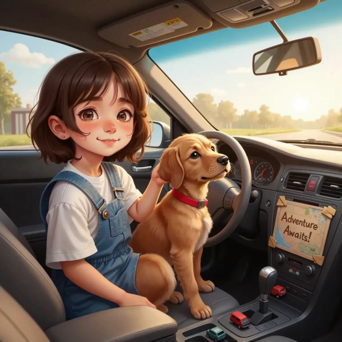 Anna and Max both sitting in the car, ready for a pretend road trip. Anna smiles excitedly, hands on the steering wheel, while Max sits in the passenger seat, tail wagging fast.
