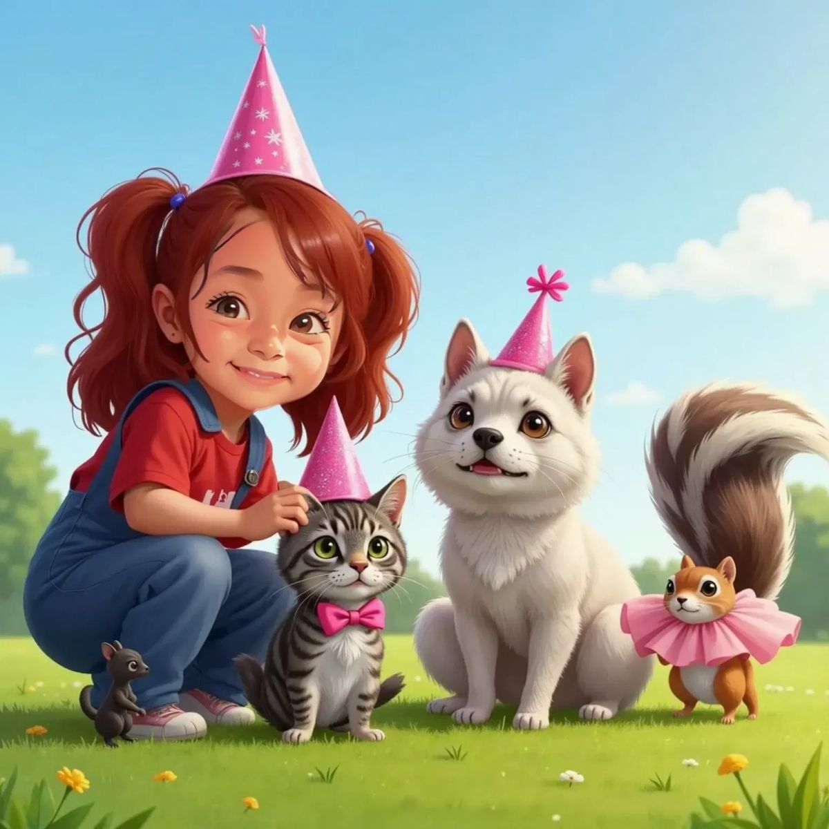 Anne Rosa putting a sparkly hat on Cheshire the cat, while Shadow the tiny black cat wears a tiny bow and Jackson the bulldog has a puffy shirt. Tally the squirrel in a pink tutu, all animals looking surprised at each other.