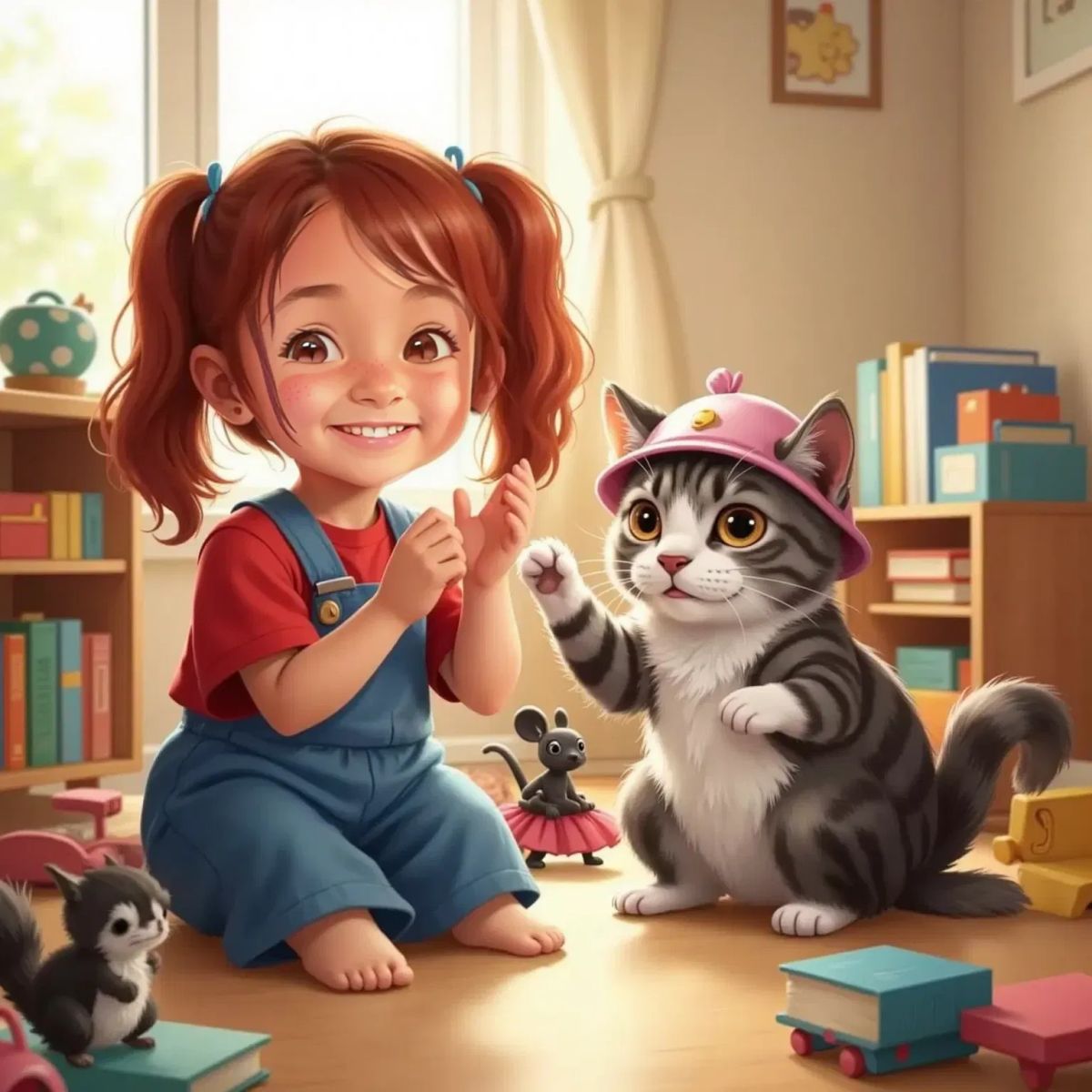 Cheshire the cat with a hat over his eyes, Jackson the bulldog pawing at his puffy shirt, Shadow the tiny black cat scooting away with a bow, and Tally the squirrel in a tutu. Anne Rosa clapping, everyone giggling in a colorful room.