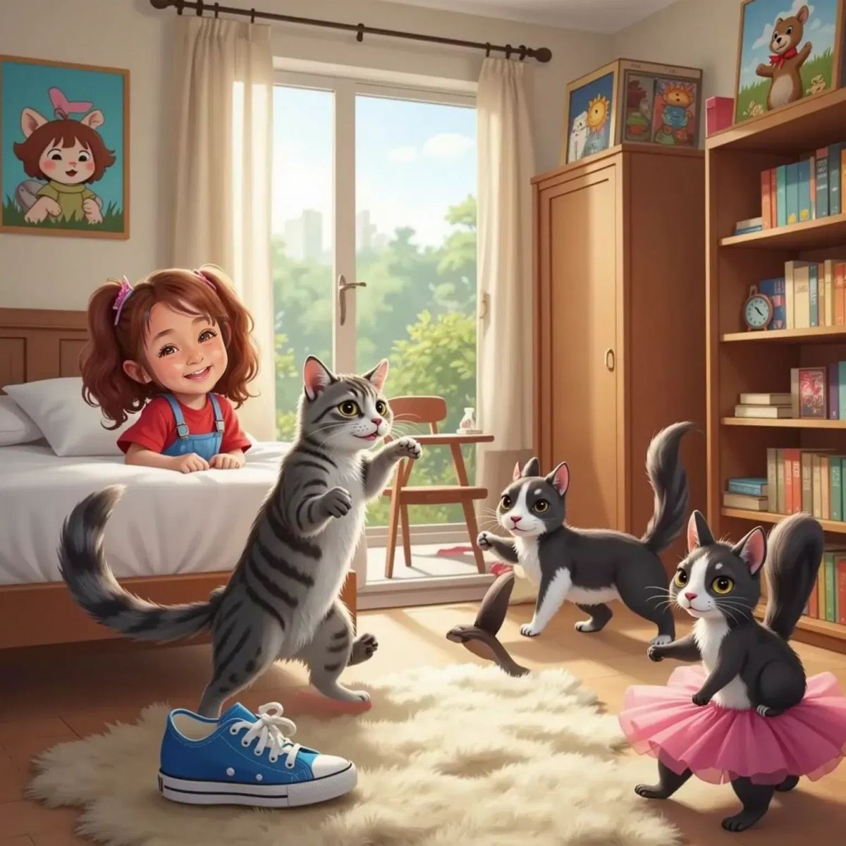 Cheshire leaping off the bed with a ribbon trailing, Jackson the bulldog stumbling near a shoe, Shadow the tiny black cat on a pillow, and Tally the squirrel in a tutu dashing past. Anne Rosa laughing in the background.
