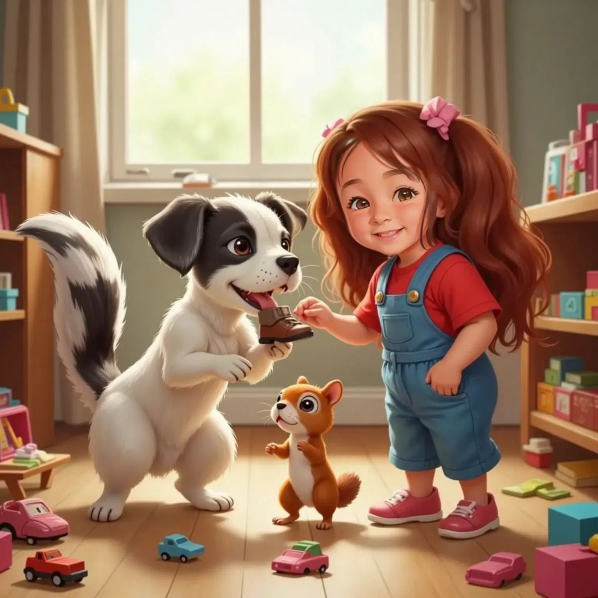 Jackson the bulldog proudly holding a tiny doll shoe in his mouth, tail wagging. Tally the squirrel reaching for the shoe, Anne Rosa giggling nearby. The room scattered with doll accessories.