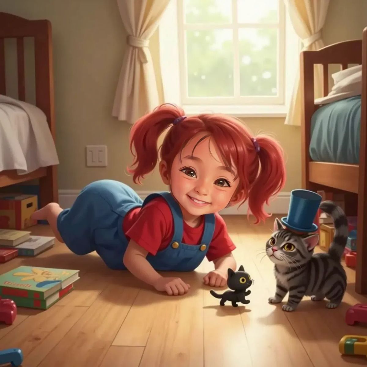 Shadow the tiny black cat slipping under the bed, Cheshire spinning with his hat, Tally waving her tutu in the air. Anne Rosa rolling on the floor, laughing.