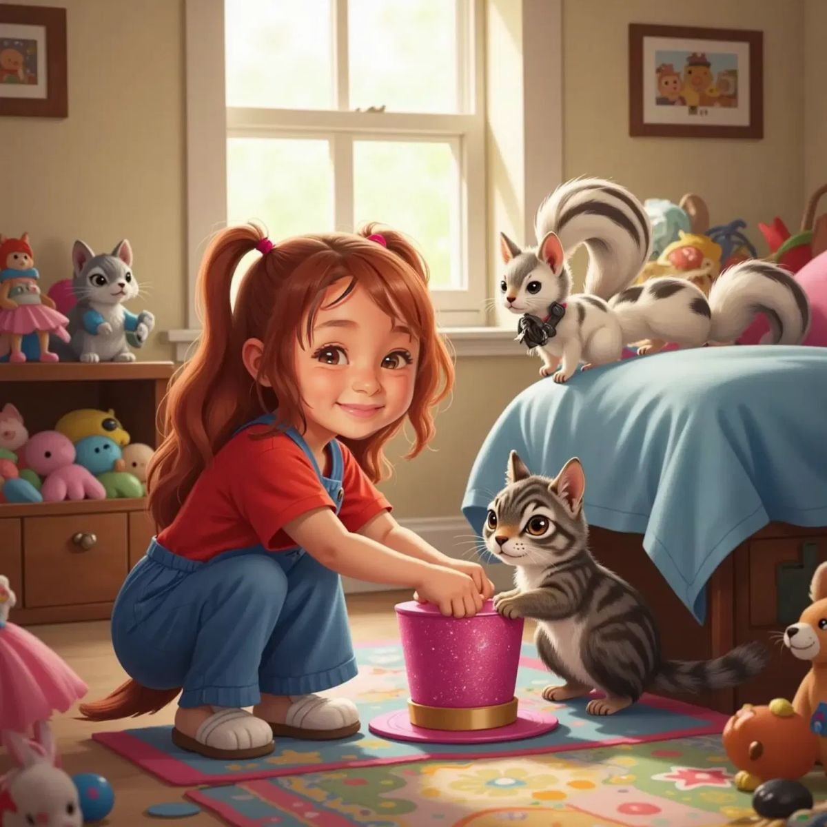 Anne Rosa and Tally the squirrel gently untangling Cheshire from a sparkly hat, Jackson the bulldog helping Shadow the tiny black cat out from under the bed. Piles of colorful dress-up clothes nearby.