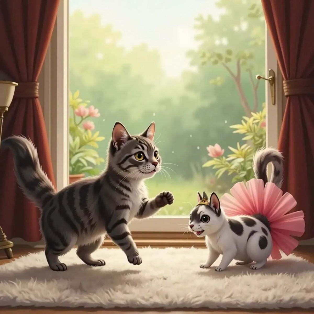Cheshire the cat walking proudly with no hat, Jackson the bulldog lying on his back, Shadow the tiny black cat tiptoeing along the window ledge, and Tally the squirrel with the pink tutu on her head like a crown.