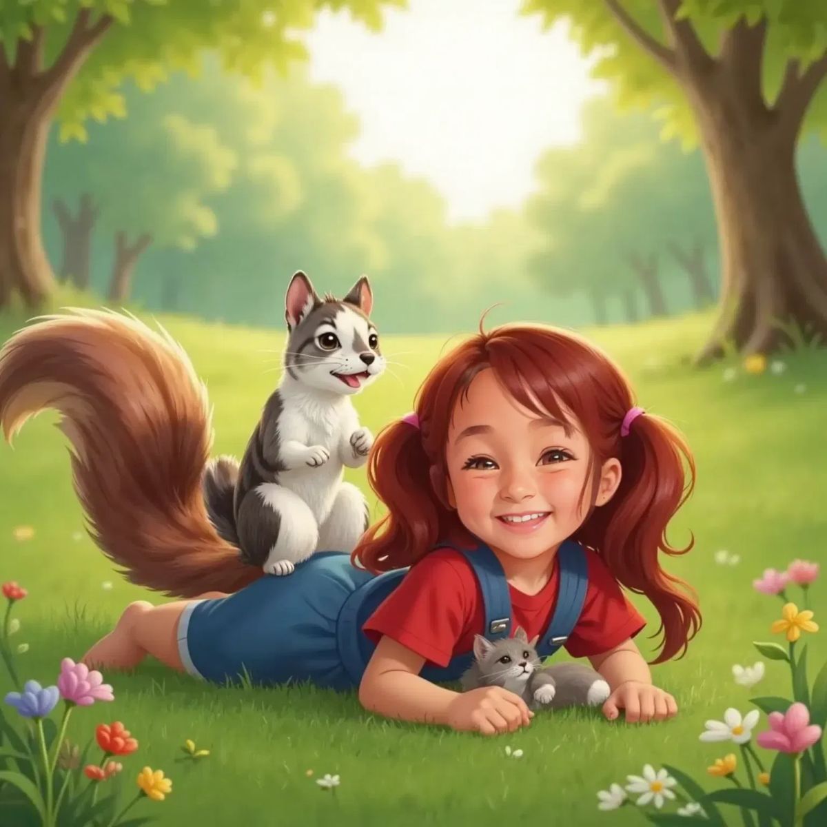 The animals piled on top of Anne Rosa, all smiling and happy. Tally the squirrel cheering, Jackson wagging his tail, Cheshire purring, and Shadow the tiny black cat with twitching whiskers. Everyone in a joyful heap.