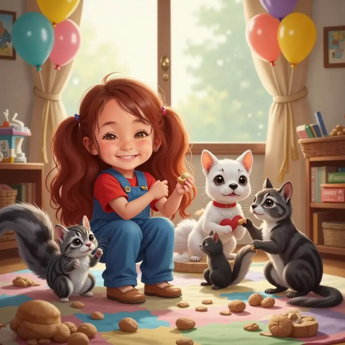 Anne Rosa handing out tiny treats to Cheshire the cat, Jackson the bulldog, Shadow the tiny black cat, and Tally the squirrel who is nibbling a nut. Everyone gathered for a party picnic in the bedroom.