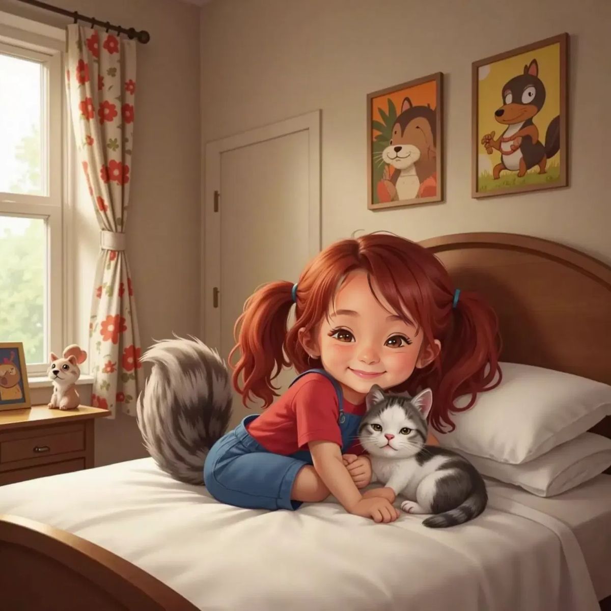 Anne Rosa snuggled up on her bed, Tally the squirrel curled on her shoulder, Cheshire the cat beside her, Jackson the bulldog with his head on her feet, and Shadow the tiny black cat by her hand. The room feels safe and cozy.