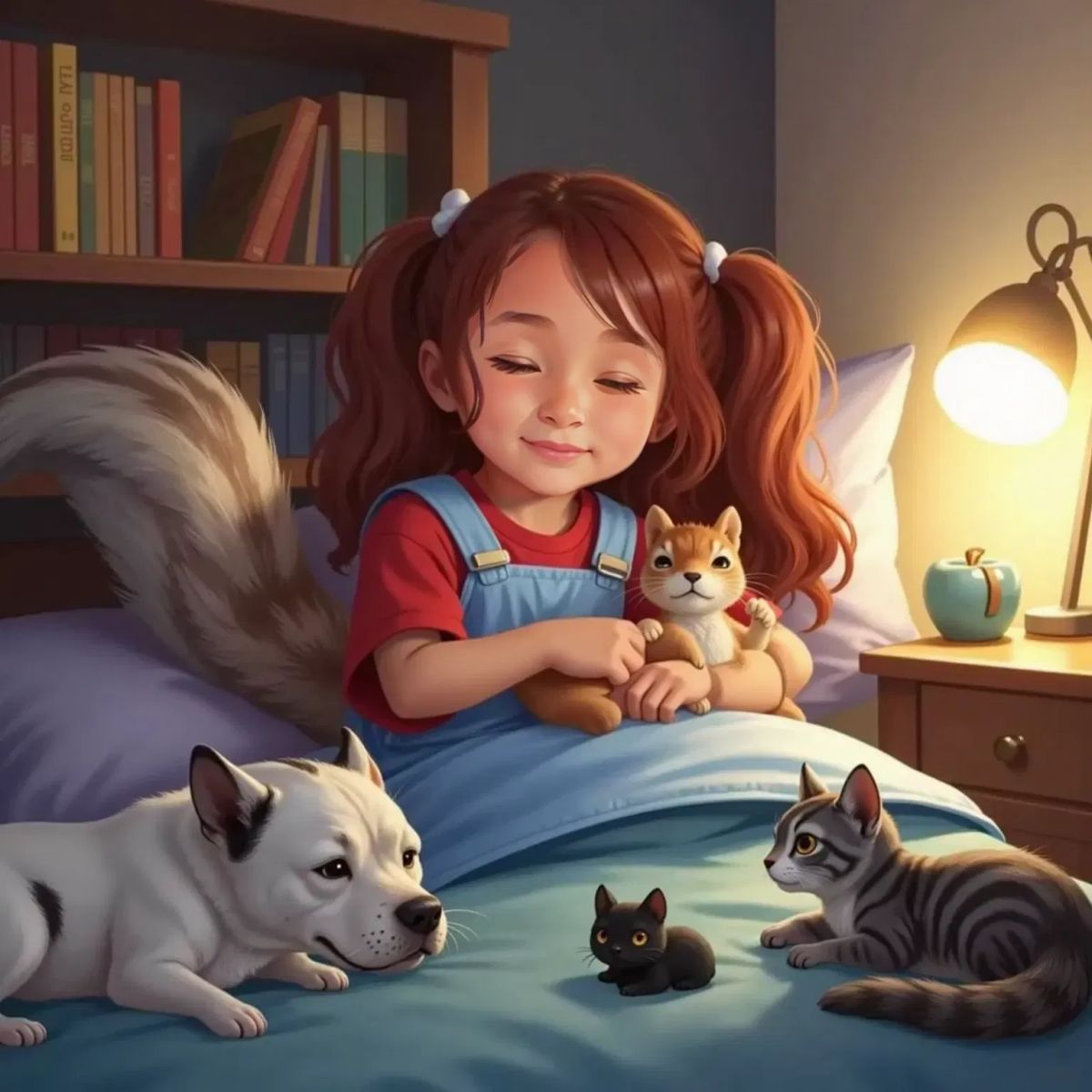 Anne Rosa dozing off in bed, animals nestled close: Tally the squirrel, Cheshire the cat, Jackson the bulldog, and Shadow the tiny black cat. Everyone looks peaceful and loved.