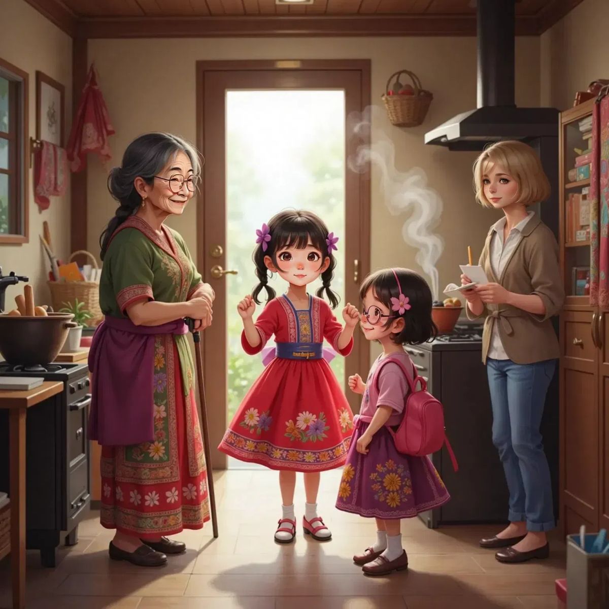 Mai practicing a dance in a room, wearing her colorful embroidered dress and smiling. Grandma, a 65-year-old woman with gray hair in a bun, is at the stove cooking rice cakes. Mrs. Johnson, a 30-year-old woman with short brown hair, peeks in from the doorway smiling. Harper, an 8-year-old girl, twirls in an embroidered skirt, giggling.