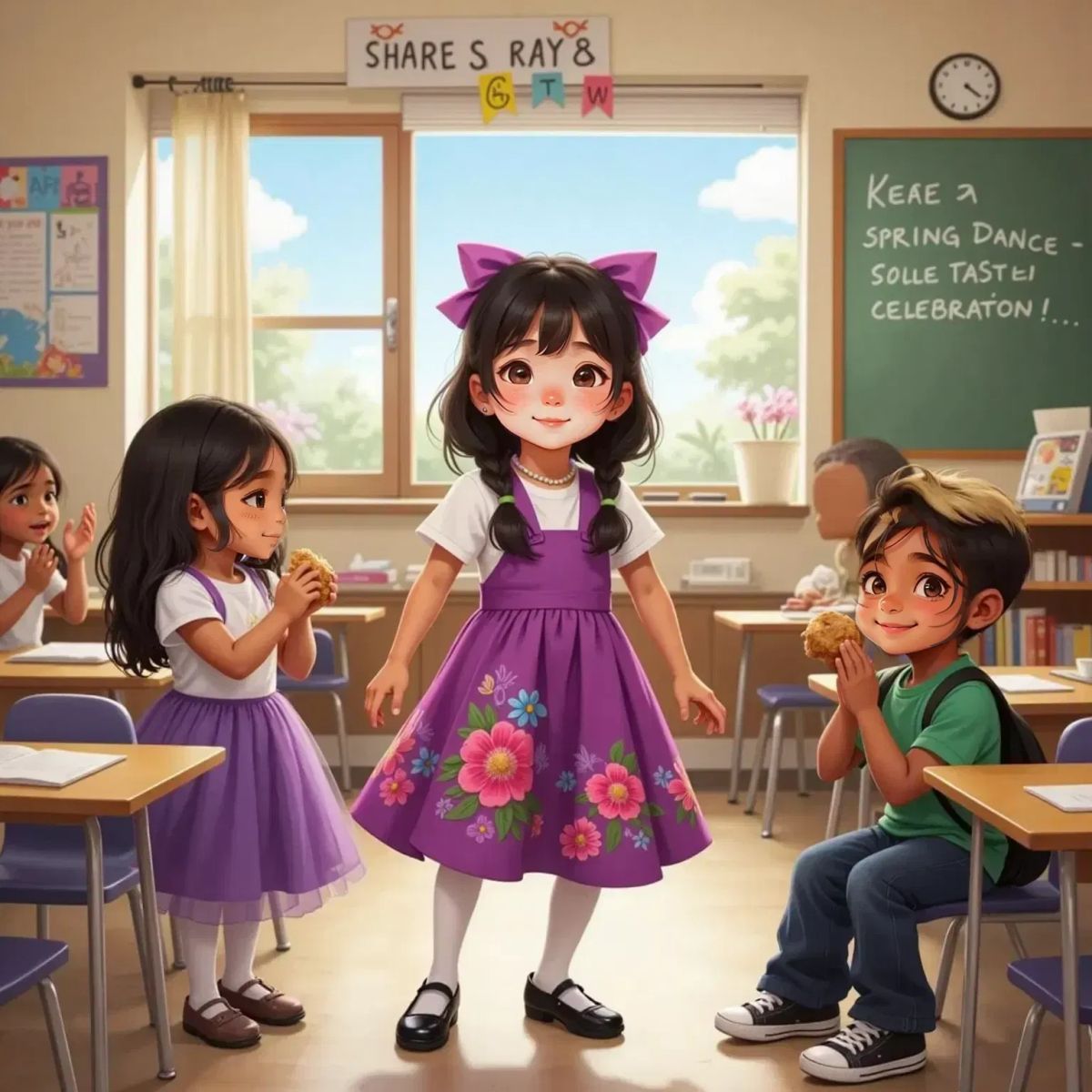 Mai dancing in her bright, flower-embroidered dress with a happy face. Kinsley, an 8-year-old girl, claps with a big smile. Veda, an 8-year-old girl, points admiringly at the flowers on Mai's skirt. Sam, an 8-year-old boy, eats a rice cake nearby. A classroom setting with desks and colorful decorations in the background.