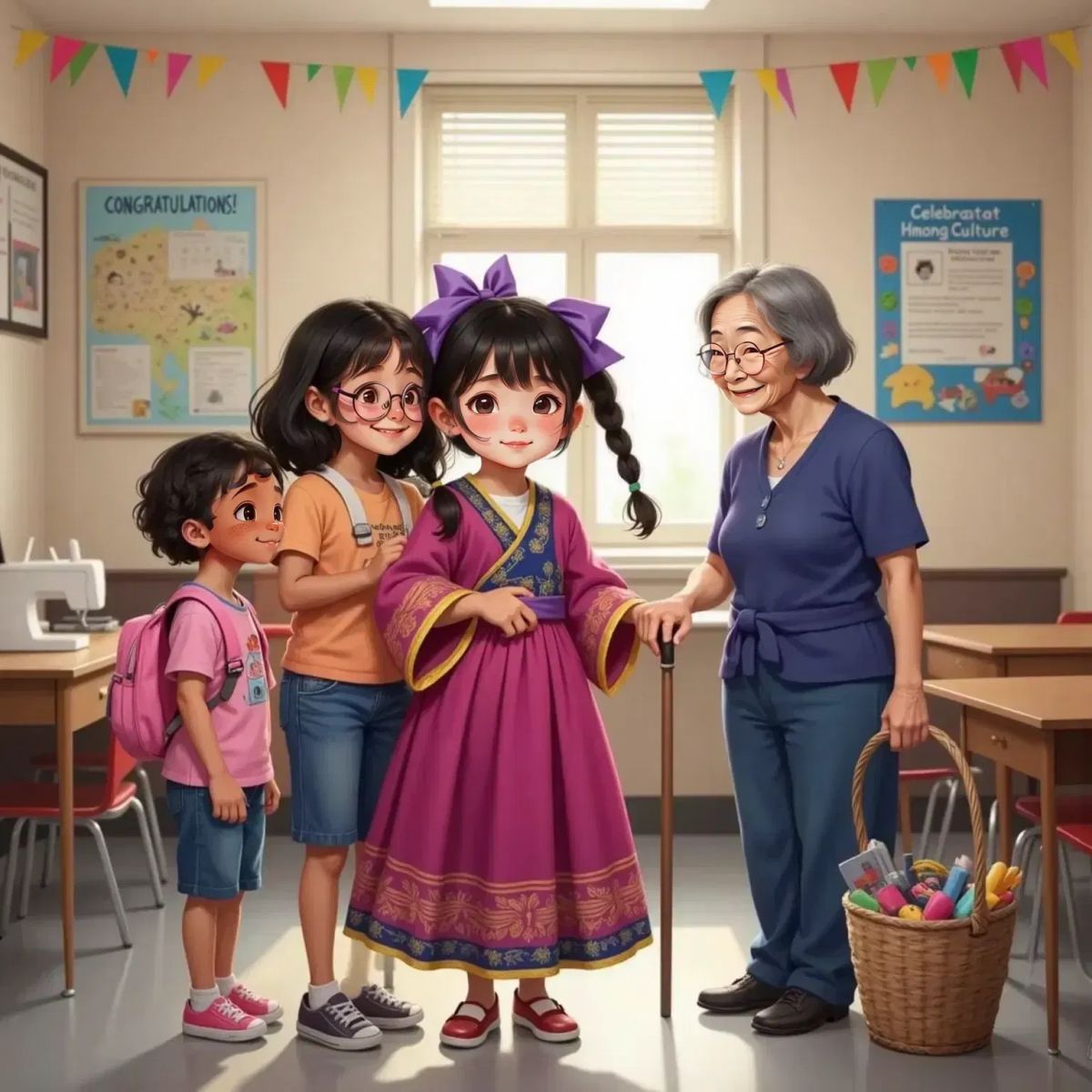 Mai standing proudly in her colorful dress, surrounded by smiling classmates. Harper hugs Mai, Kingston stands next to them looking excited, and Grandma, a 65-year-old woman with gray hair in a bun, looks on with a proud smile. Streamers and classroom posters in the background.