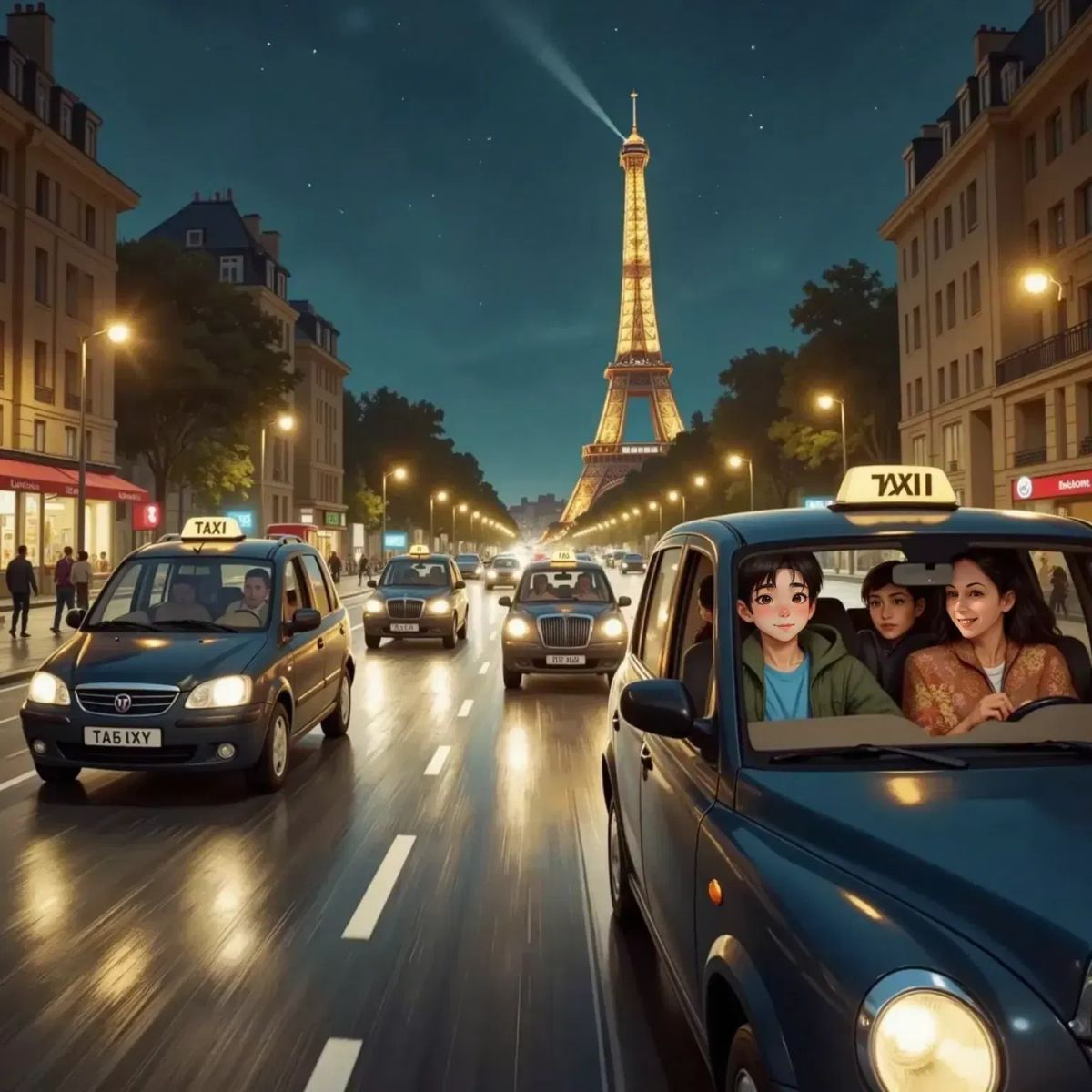 Three taxis driving through nighttime Paris. Marina and Samuil look out their window, LEV AGRANOVICH and his wife smile together, and the festival couple sit with their small brown dog. Paris landmarks in the distance.