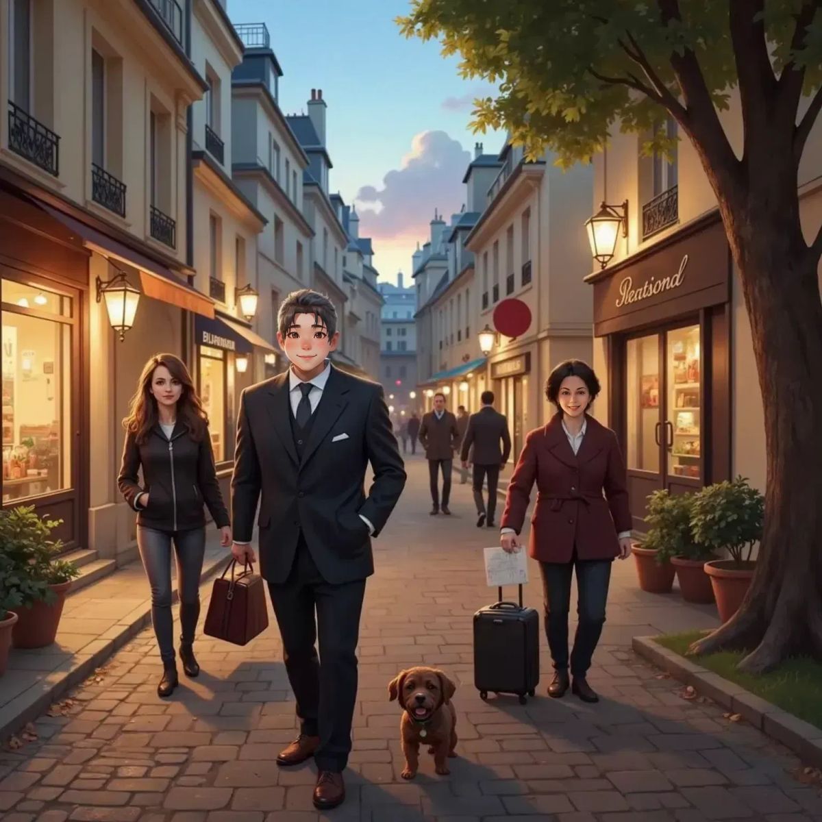 A Paris street at dusk. Marina and Samuil, LEV AGRANOVICH and his wife, and the festival couple with their small brown dog each walk in different directions, city lights glowing, and a sense of new adventure in the air.