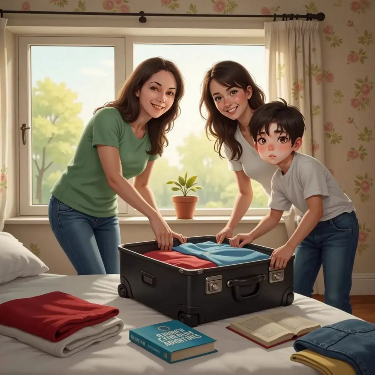 Smiling Marina, a 25-year-old woman with shoulder-length brown hair, and Samuil, a 15-year-old boy with short dark hair, packing clothes into a suitcase in a cozy bedroom. A zipped suitcase and scattered shirts on the bed.