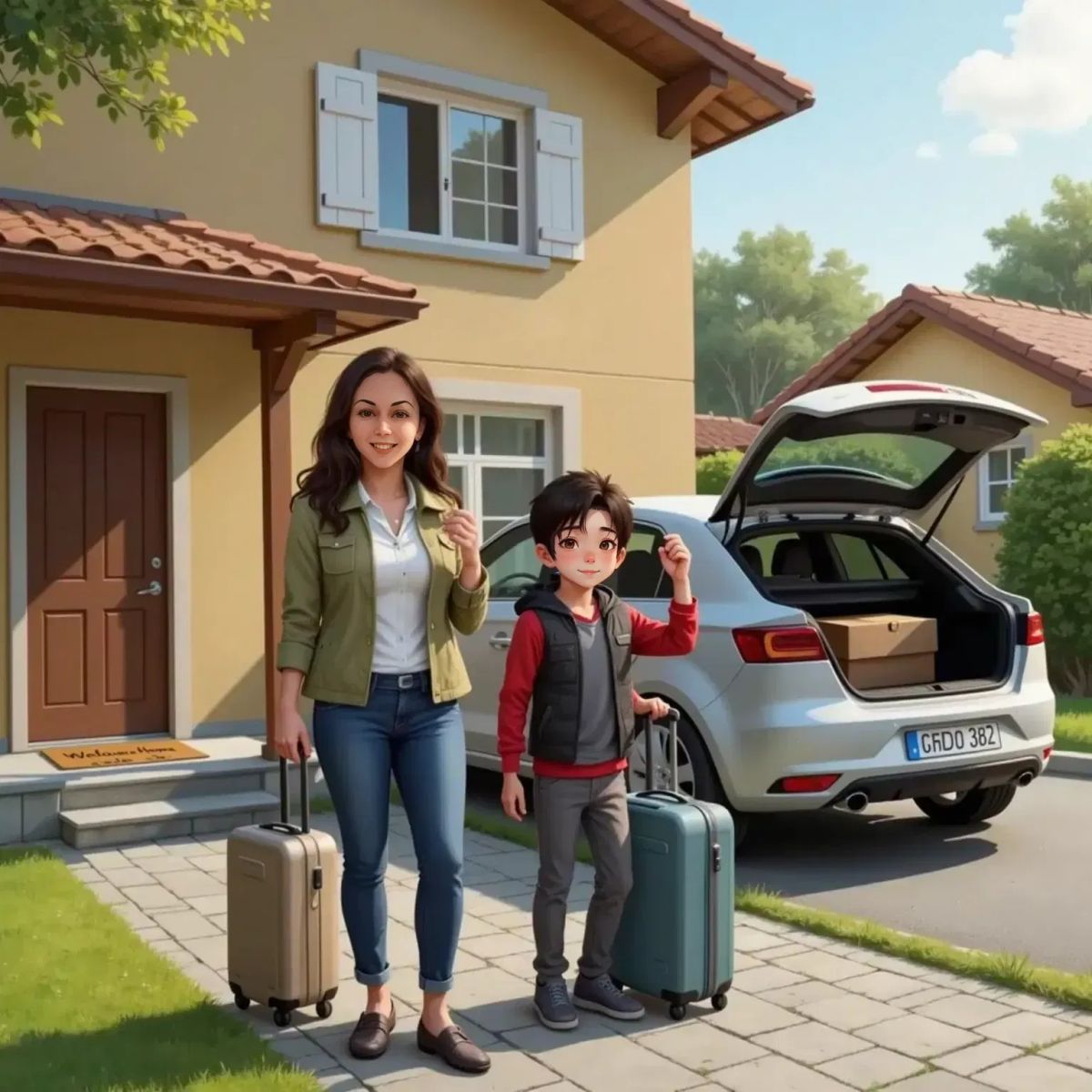 Marina, smiling and holding a jacket, stands beside Samuil, who waves a phone, outside a house. A car waits at the curb, and suitcases are nearby.