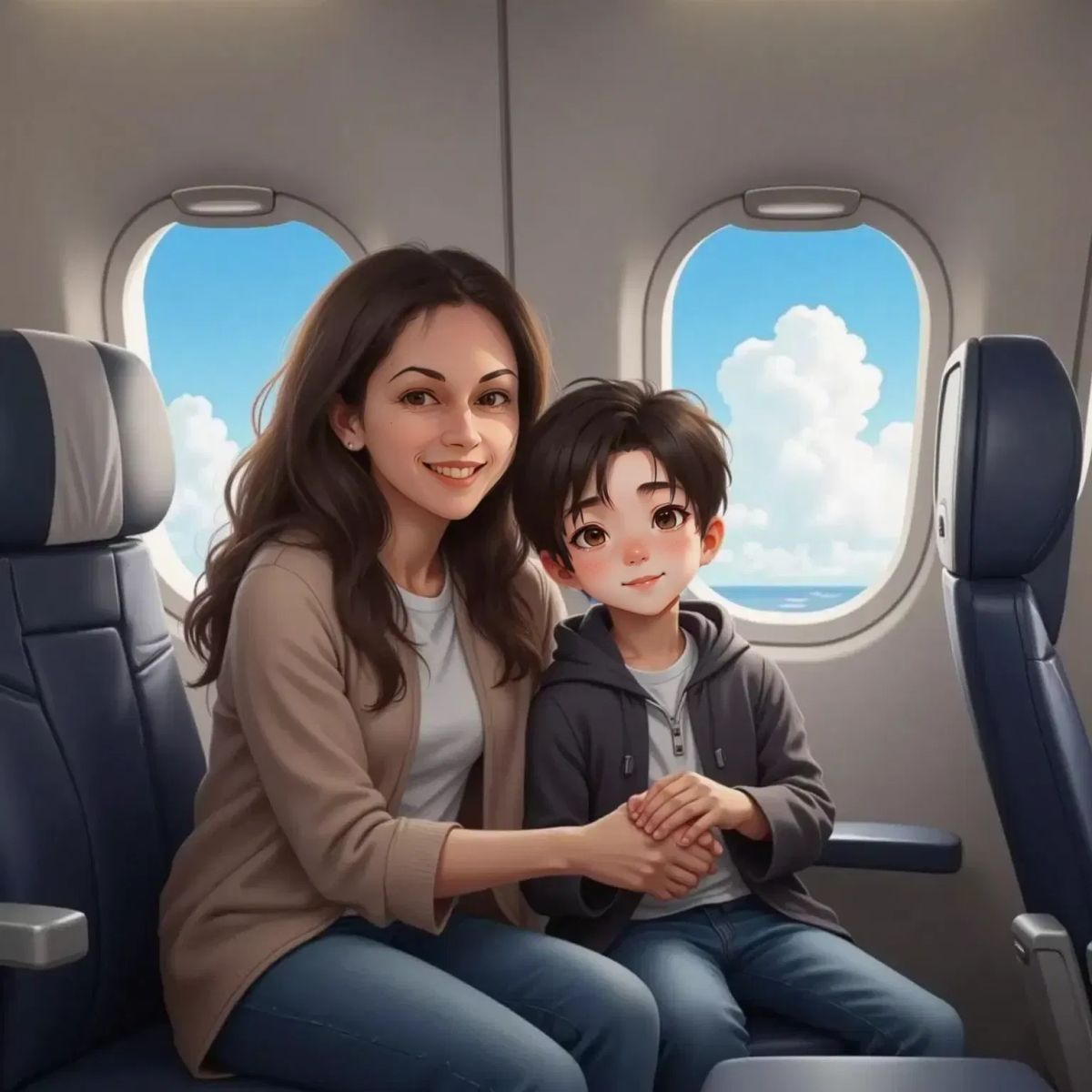 Samuil and Marina sitting side by side in airplane seats, holding hands and smiling. Airplane windows show clouds outside.