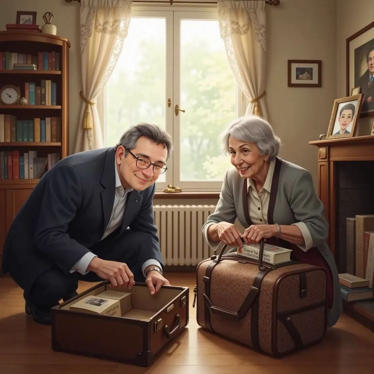 LEV AGRANOVICH, a 54-year-old man with grey hair, zipping an old suitcase in a tidy living room. His wife, an elderly woman with short white hair, packs a guidebook and tea into her bag, both smiling warmly.