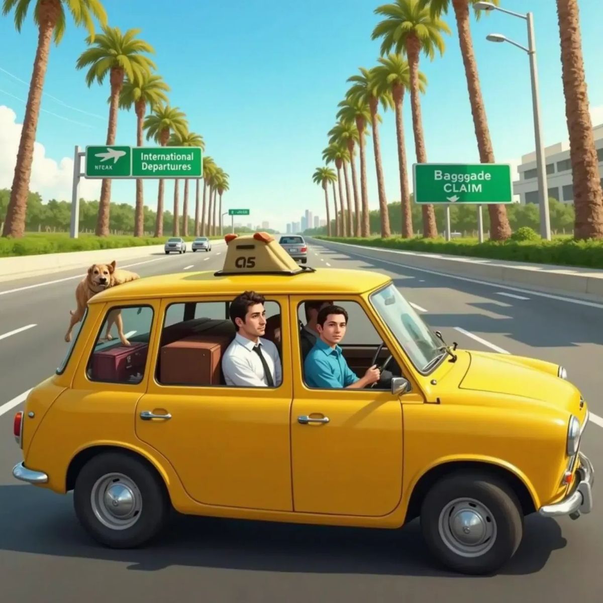 A taxi driving past, with the small brown dog looking out the window. The two men sit in the back, glancing back with slightly worried expressions. Airport signs visible outside.