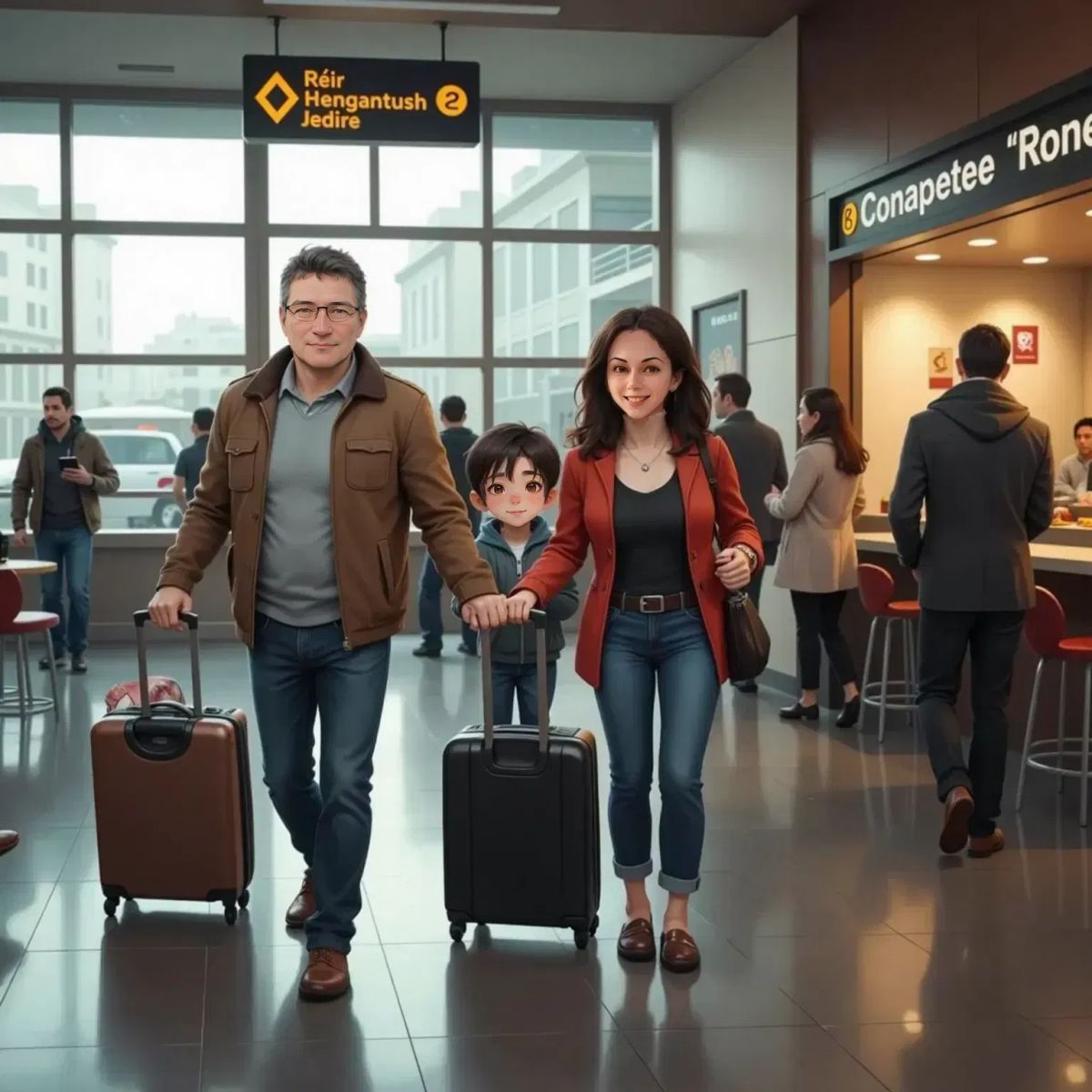 Marina clinging to Samuil, both smiling, in a busy Paris airport. LEV AGRANOVICH leads his wife, while the festival couple excitedly take photos. Luggage and crowds fill the background.