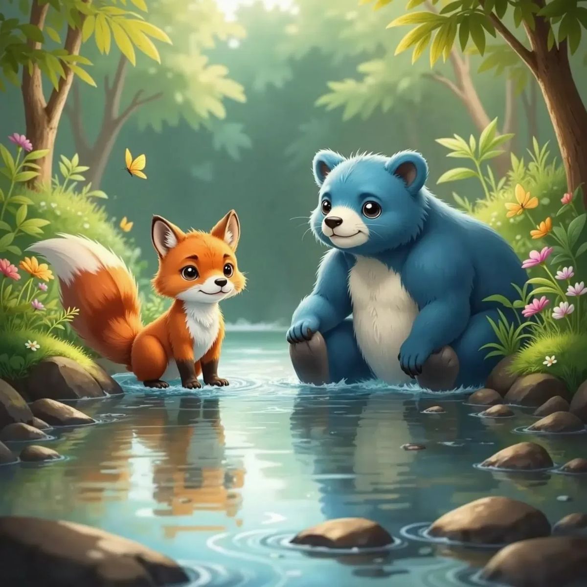 Felix, a little fox with big kind eyes and fluffy fur, sitting by a shiny stream next to Blue Bear, a kind sweet blue bear with a gentle smile. Their reflections shimmer in the water, surrounded by lush greenery.