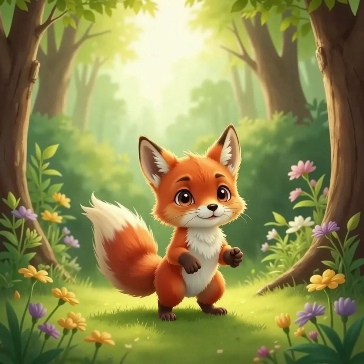 Felix, a little fox with big kind eyes and fluffy fur, standing at the edge of a sunlit forest, looking curious with his tail perked up. Tall trees and green bushes in the background.He followed butterflies through tall grass and chased sunbeams dancing in the air.